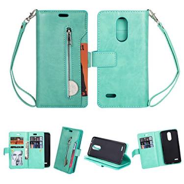 Imagem de Capa para LG K10 2017, carteira de couro PU Folio Flip Case com zíper bolsos para cartão fecho magnético capa protetora à prova de choque com alça de pulso para LG K10 2017 (verde)