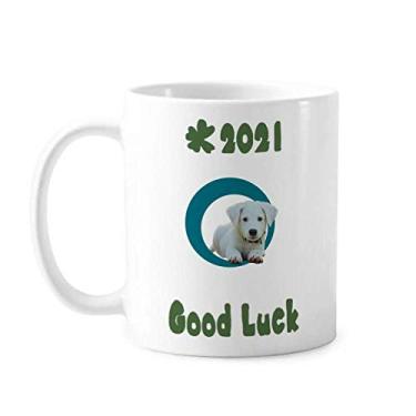 Imagem de Anel branco para cachorro agachado boa sorte 2021 Caneca cerâmica café porcelana copo talheres