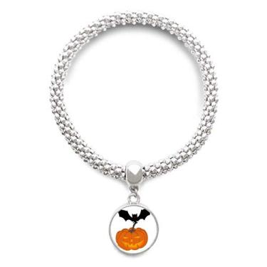 Imagem de DIYthinker Bat Pumpkin Halloween Hallowmas pulseira de prata pingente joia corrente ajustável