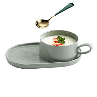 Imagem de 14 Oz Caneca De Sopa Soup Bowls Com Alças, Conjunto De Pratos Cerâmicos Para Café Da Manhã Para Sanduíches De Café Da Manhã E Tigelas De Cereais Para Servir-Luz verde-Com colher