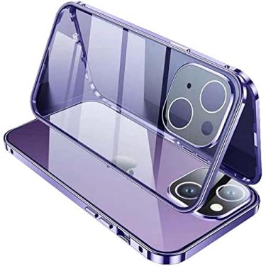 Imagem de IRJFP Capa de telefone de vidro temperado transparente HD dupla face, para Apple iPhone 14 Plus capa de 6,7 polegadas 2022 magnética [estrutura de pára-choques de metal] capa de vidro (cor: roxo)