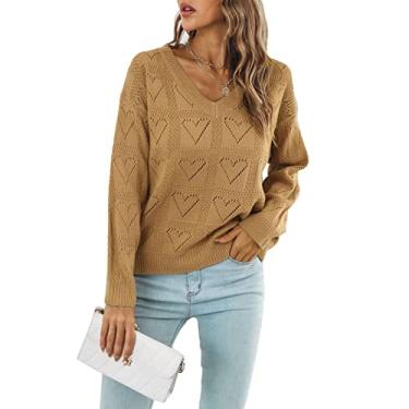 Imagem de Malhas de Manga Comprida Feminina, Design Oco Em Forma de Coração Com Decote Em V Manga Comprida Blusa de Malha Elegante para Compras (S)