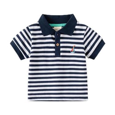 Imagem de Yueary Toddle Boys Camiseta listrada manga curta com lapela de botão para crianças verão casual camisa solta moda pulôver top 1-6 anos, Azul-marinho, 90/18-24 M