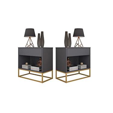 Imagem de Kit 2 Mesa Lateral Para Cama Criados Industrial Malta Cinza Pés de Ferro Dourado