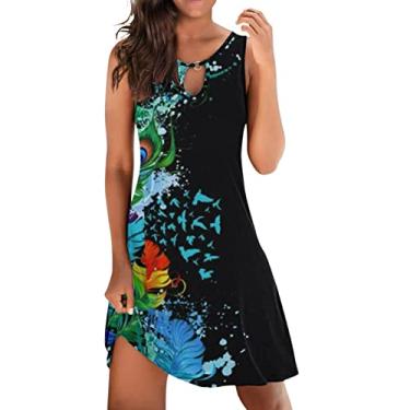 Imagem de Elogoog Vestidos de verão para mulheres 2024 moderno franzido havaiano vestido maxi elegante sem mangas cintura elástica floral vestido de trabalho, E preto, M