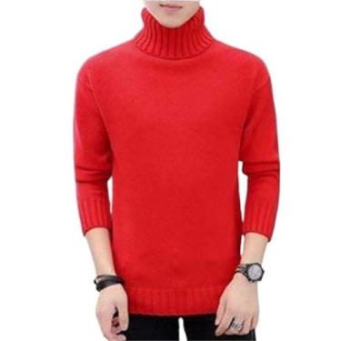 Imagem de Aoleaky Suéter masculino de inverno com gola alta grosso e quente suéter masculino gola rolê slim fit gola dupla pulôver masculino tricô, Vermelho, M