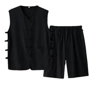 Imagem de Eesuei Conjunto de shorts de verão de algodão fino de linho de meia-idade estilo chinês sem mangas, camisa retrô, roupas masculinas, Colete preto, PP
