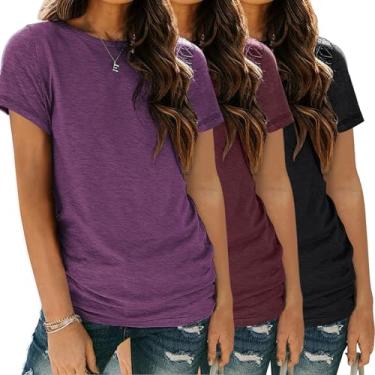 Imagem de SUNBS Pacote com 3 camisetas femininas básicas de manga curta gola redonda moda tops ajuste solto leve casual roupas de verão 2024, Pacote com 3: Roxo, vinho, preto, XXG