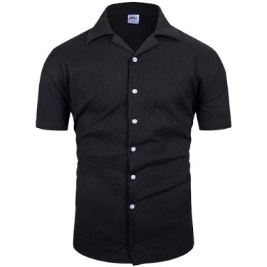 Imagem de MOHEZ Camisa masculina casual de botão, manga curta, gola cubana, praia, verão, texturizada, solo, férias, Preto 04, XXG