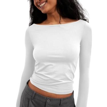 Imagem de Tankaneo Camisetas femininas de manga comprida básicas para sair, camisetas justas com gola canoa Y2K, Branco, M