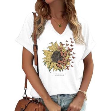 Imagem de Earlymemb Camiseta feminina vintage com estampa de flores e gola V Boho floral flores silvestres casual Cottagecore camiseta manga curta, G - branco, XXG