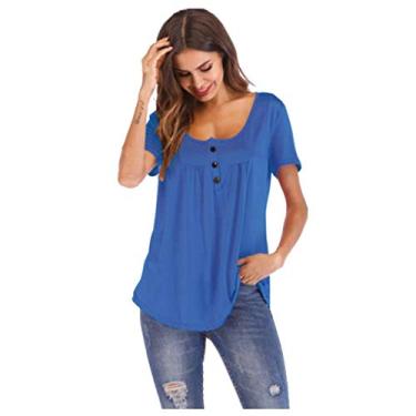 Imagem de Camiseta feminina plissada de cor sólida, gola canoa, com botões, caimento solto, túnica rodada, camisa casual de verão, Azul claro, 4G