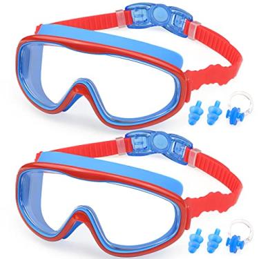 Imagem de KAILIMENG Pacote com 2 óculos de natação para crianças, visão ampla, sem vazamento, proteção UV e protetores de ouvido com clipe de nariz para crianças de 3 a 15 anos (vermelho, azul e azul vermelho,