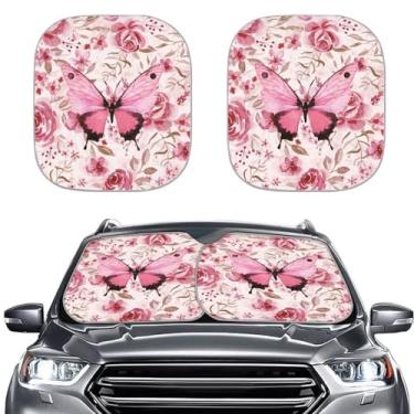 Imagem de YSTARDREAM Capa de para-brisa de borboleta rosa sombra de sol para janelas dianteiras bloqueador solar protetor externo flor fácil instalação viseira de sol acessórios interiores automotivos