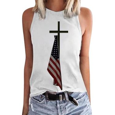 Imagem de Camiseta regata com bandeira americana patriótica feminina, 4 de julho, sem mangas, listras estrelas, tops para o Memorial Day, Branco, XXG