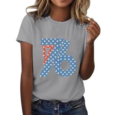 Imagem de Camiseta feminina com bandeira americana 2024 4 de julho Patriotic Shirts 1776 Stars Graphic Crew Neck Tops de verão, Cinza, G