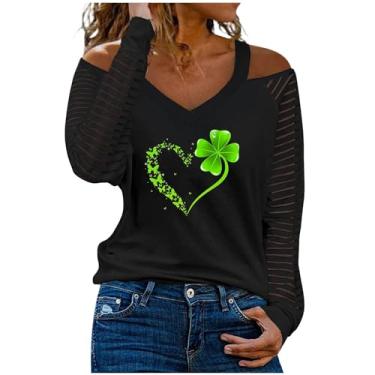 Imagem de Nagub Camiseta feminina St Patricks Day, manga comprida, gola V, trevo irlandês, ombros de fora, camisetas listradas de algodão, Estampa Love, XXG