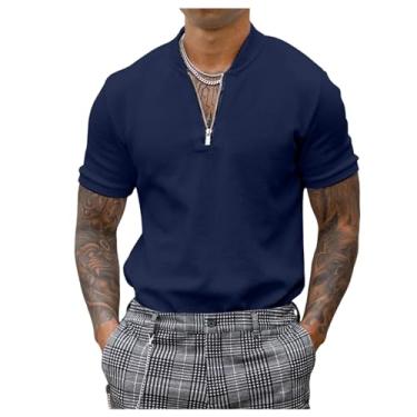 Imagem de Camisa polo masculina elástica fresca solta manga curta gola V respirável camisa de golfe de secagem rápida, Azul-escuro, 3G