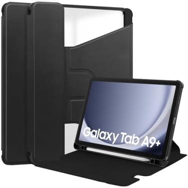 Imagem de Capa traseira transparente compatível com Samsung Galaxy Tab A9 Plus SM-X210/SM-216/SM-X218 11 polegadas com suporte para caneta, suporte giratório de 360 ​​graus Folio Flip Smart Tablet Cover Auto Sl
