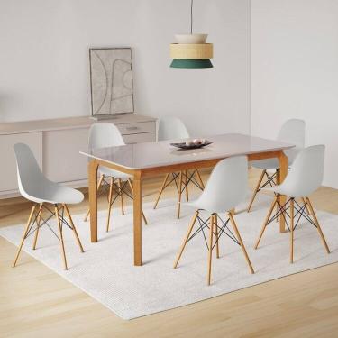 Imagem de Conjunto Sala de Jantar Mesa Madeira Maciça Tampo Vidro com 6 Cadeiras Eames Espresso Móveis Branco/Marrom
