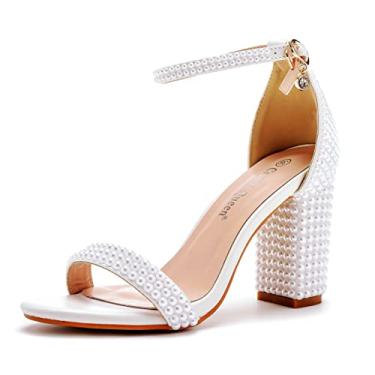Imagem de Sandálias femininas de salto bloco de 7,5 cm, salto grosso, peep toe, sandálias de casamento de pérolas inteiras sandálias de renda branca para festa de casamento, aniversário e noite sapatos, Estilo de strass, 8.5