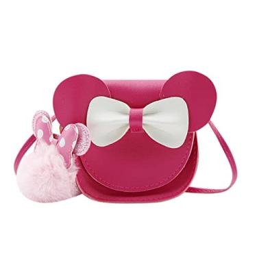 Imagem de MOSSTYUS Mini bolsa tiracolo infantil com desenho animado orelhas de rato laço pequena bolsa de ombro com chaveiro pompom, Vermelho rosa, One Size, Casual