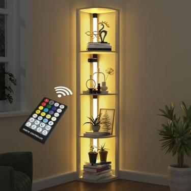 Imagem de VTRIN Prateleira de canto com luz, luminárias de chão com prateleiras para sala de estar, espaço pequeno, suporte de decoração de casa moderna, prateleira de canto resistente de 5 andares, prateleira