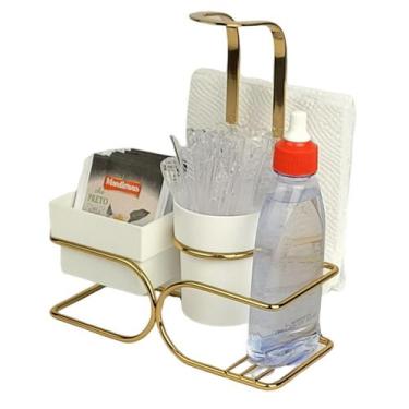 Imagem de Suporte Porta Sachês Chá Mexedor Guardanapos Adoçante Café Dourado - 2