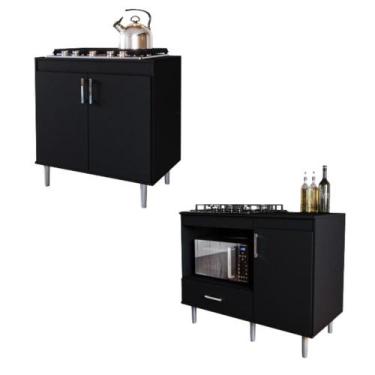 Imagem de Kit 2 Balcão Para Cooktop 5 Bocas 0,80m e 1,05m Turim Preto - Movelove