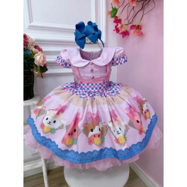 Imagem de Vestido Infantil Rosa Bebê Fazendinha Bichos Aplique Botões Super luxo