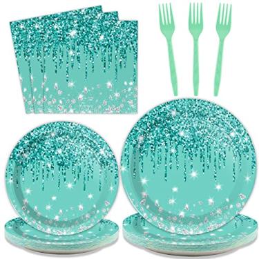 Imagem de 96 peças conjunto de talheres azul-petróleo e prata para decorações de mesa de feliz aniversário café da manhã azul tema de aniversário pratos de sobremesa guardanapos garfos para 24 convidados meninas mulheres prata glitter suprimentos para festa de aniversário