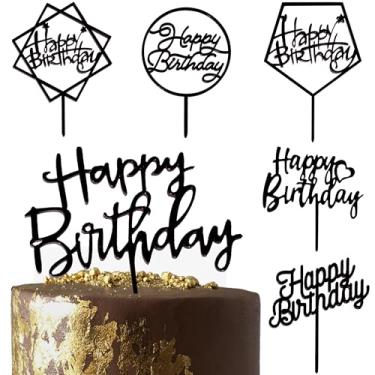 Imagem de Conjunto de 6 enfeites de bolo de aniversário pretos de dois lados, preto brilhante de acrílico, placa de feliz aniversário, topos de bolo/topos de cupcake, artigos de decoração de festa de aniversário para homens legais.