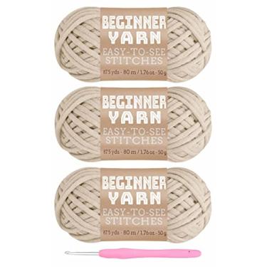 Imagem de 3 x 50 g Fio Off White para iniciantes, 254 metros de fio branco para crochê, pontos fáceis de ver, médio penteado nº 4, fio grosso de mistura de nylon de algodão grosso para crochê