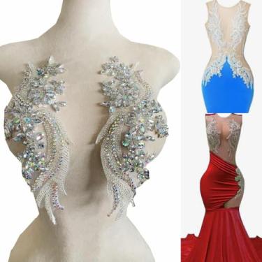 Imagem de Akiko.CC Um par de adesivos feitos à mão com contas de cristal corpete renda DIY apliques acessórios para roupas sociais 35 x 12 cm (AB)