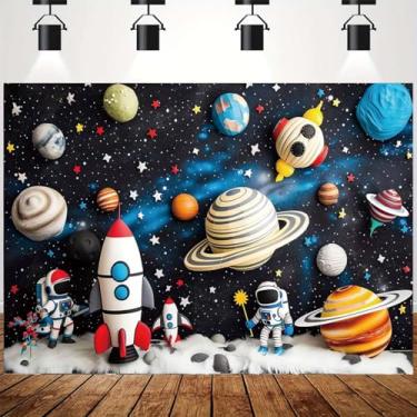 Imagem de Cenário de festa temática espacial desenho animado foguete e planetas fotografia banner astronauta foguete pano de fundo para decoração de mesa para chá de bebê recém-nascido (B, 2,1 x 1,5 m)