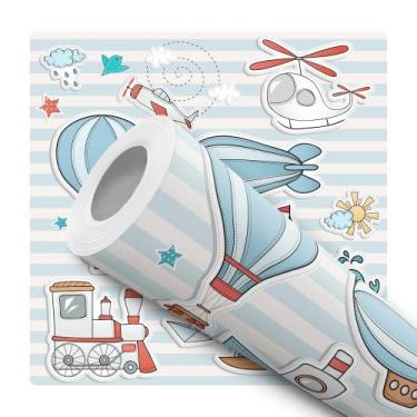 Imagem de Papel De Parede Adesivo Lavável Balão Barco Listras Azul e Branco Meni