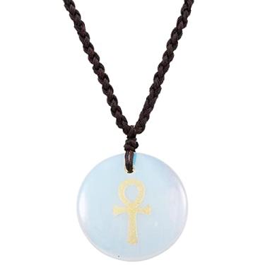 Imagem de Nupuyai Colar com pingente de pedra de cura redondo gravado para mulheres e homens, pingente de cruz Ankh egípcio com corda ajustável, Opalita, opalita