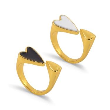 Imagem de Loqimu Pacote com 2 anéis de cúpula de coração de aço inoxidável dourado para mulheres, anéis midi empilháveis, abertos, anéis ajustáveis, Aço inoxidável Aço inoxidável Esmalte, Sem pedra preciosa