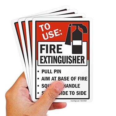 Imagem de SmartSign(Pacote com 4) Etiquetas Adesivas de 7"x5" "Para Usar Extintor de Incêndio- Puxe O Pino, Mire Na Base, Aperte A Alça", Poliéster Laminado de 5 Mil com Adesivo Superstick, (5X7 Polegadas, Etiq