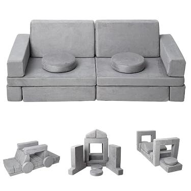 Imagem de GIMMYFIVE Sofá modular infantil para brincar com 12 peças, sofá secional para sala de jogos, sofá infantil multifuncional 12 em 1 para brincar, dormir para meninos e meninas, cinza