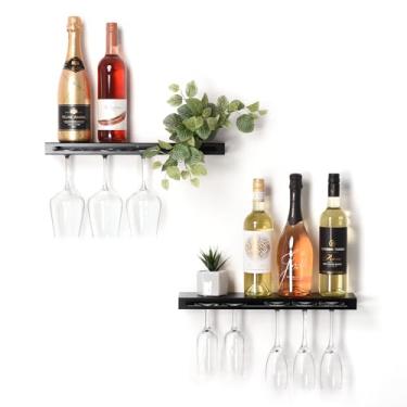 Imagem de xympo Prateleira de vinho montada na parede (pacote com 2) – Prateleira de bar flutuante de metal com suporte para garrafa e vidro, comporta 5 garrafas e 4-6 copos