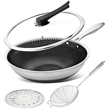 Imagem de Michelangelo Frigideira wok com tampa, conjunto de 4 peças, wok de aço inoxidável com tampa, frigideira com revestimento de favo de mel, wok de fundo plano com coador de aranha e rack de vapor,
