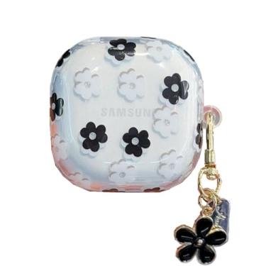 Imagem de QYFZXLV Capa protetora para Samsung Galaxy Buds FE com corrente, estampa de flor transparente à prova de choque para Galaxy Buds 2 Pro/2/Pro/Live (preto)