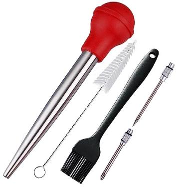 Imagem de zoyizi baster de peru, seringa de baster para cozinhar, baster de aço inoxidável com agulhas injetoras de marinada e escova para churrasco e escova de limpeza, lâmpada de silicone, conjunto