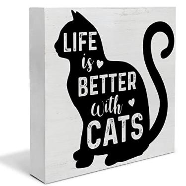 Imagem de Life is Better with Cats Wood Box Sign Decor Desk Sign Cat Quote Wooden Box Block Sign Rustic Home Shelf Wall DecorationQ