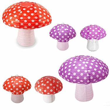 Imagem de Cynzia Lanternas de papel grandes - Pacote com 6 decorações de cogumelos, dobrável em 3D para jardim, Natal, festa, berçário - Tema da selva da floresta do País das Maravilhas