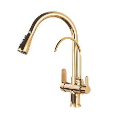 Imagem de Torneira de cozinha cromada purificada, montada no deck, filtro de água pura, pia, rotação de 360 graus, torneira misturadora de água quente e fria, guindaste, dourada