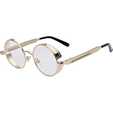 Imagem de OWL Óculos de sol Steampunk vintage retrô redondo gótico hippie armação de plástico colorido lentes coloridas, Steampunk dourado/transparente