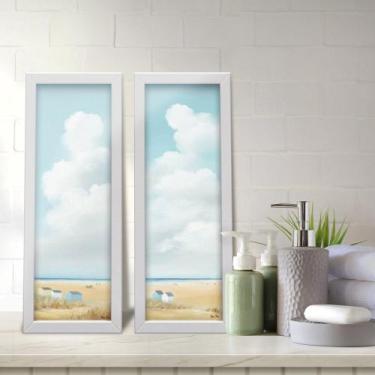 Imagem de Kit 2 Quadros Decorativos Lavabo Praia Nuvens Casas Minimalista Azul -