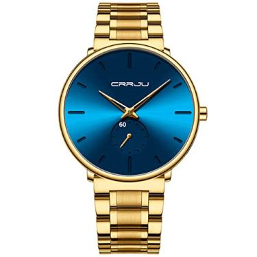 Imagem de FIZILI Relógios masculinos ultrafinos minimalistas à prova d'água - relógio de pulso moderno unissex com pulseira de aço inoxidável - ponteiros pretos, Dourado, azul, Tendência